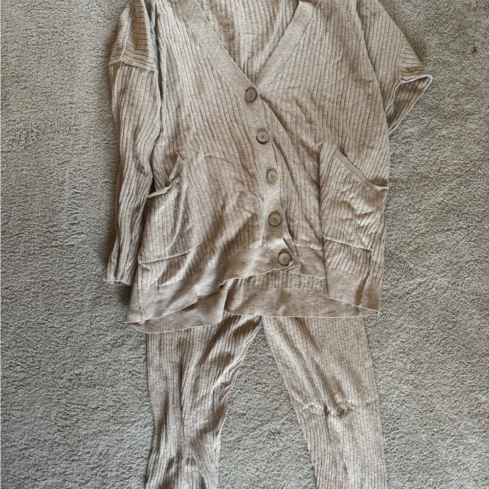Free People Ribbed Button-Front Lounge Set in Beige